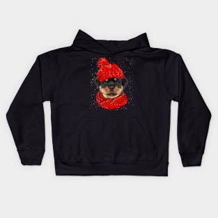 Rottweiler Wearing Red Hat And Scarf In Snow Christmas Kids Hoodie